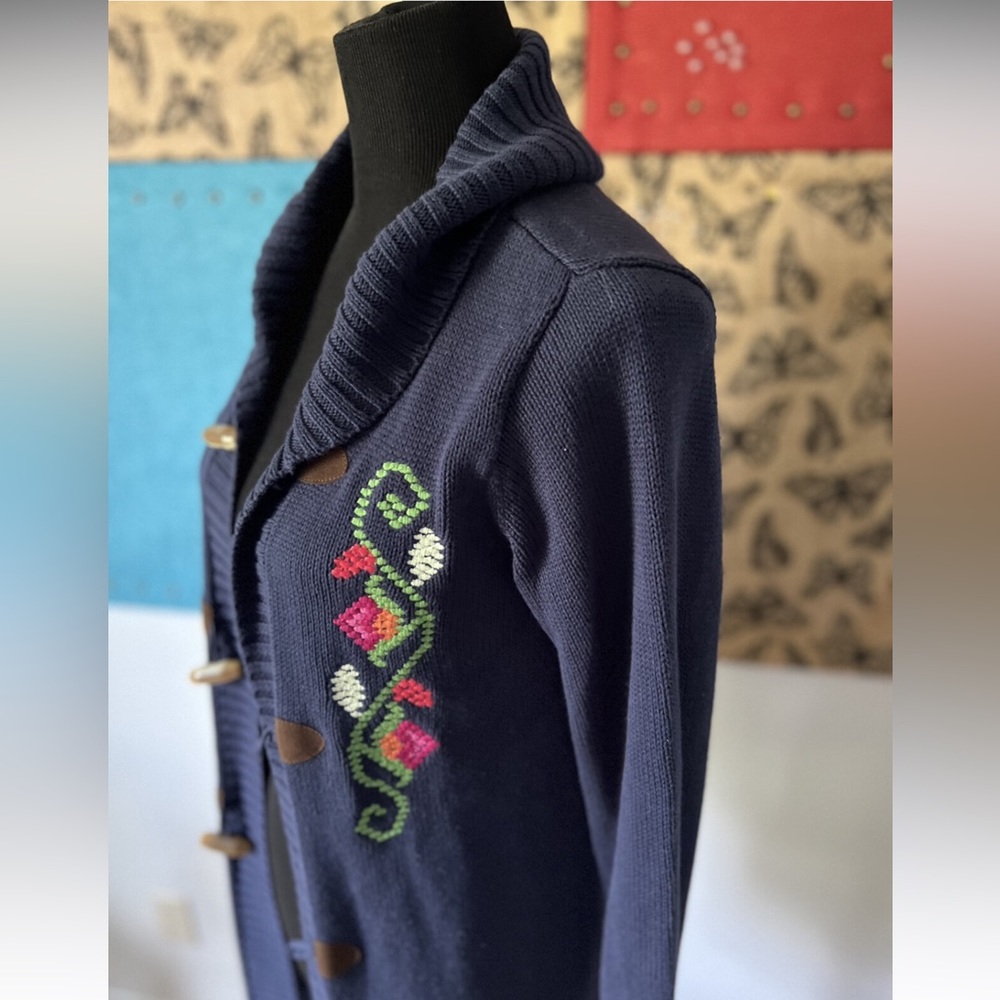 VTG Hanna Andersson Women’s Longline Navy Embroidered Cotton Cardigan Sweater